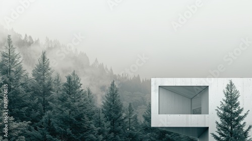 a modern white building nestled amidst a serene coniferous forest. photo
