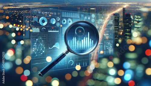 Strategic Business Audit and Financial Management: Analyzing Data for Profitable Growth, Magnifying glass science and technology, Graphs and dashboard, business intelligence, BI, floating charts	