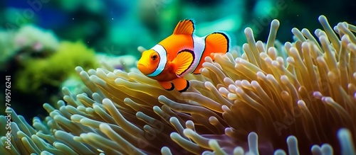 illustration of an underwater view of hunting clown fish among exotic coral reefs © akhmad