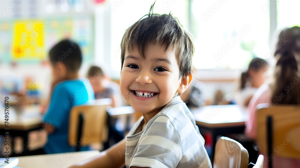 Fototapeta premium Young Boy Seated at Classroom Table. Generative AI.