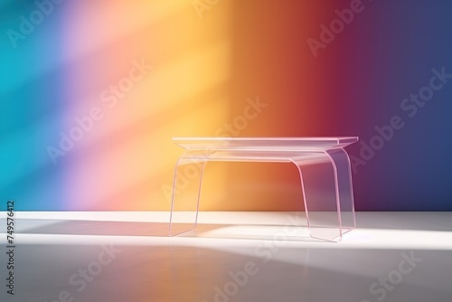 transparent plastic coffee table, minimal empty colorful space and clean, beautiful lighting and shadow.