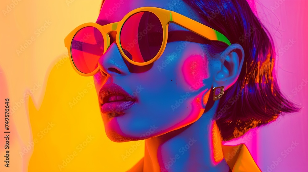 Portrait of a girl wearing glasses in neon style. Fashionable image for disco or other event. Illustration for cover, card, postcard, interior design, banner, poster, brochure or presentation.