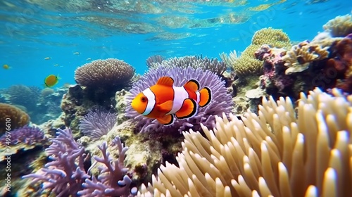 illustration of an underwater view of hunting clown fish among exotic coral reefs