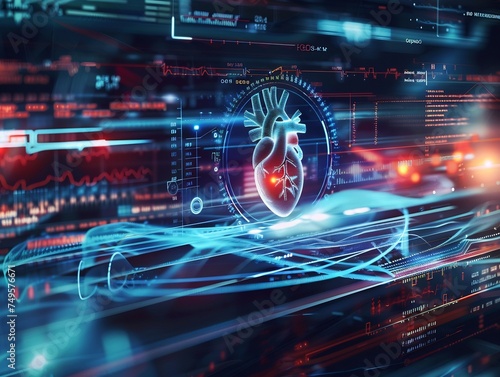 Dive into the future of medical research and cardiology healthcare, where an innovative diagnosis vitals infographic and biometric data visualization illuminate the scene © artfisss