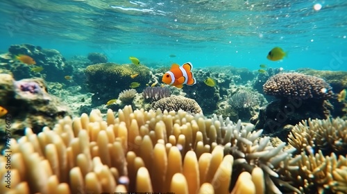 illustration of an underwater view of hunting clown fish among exotic coral reefs