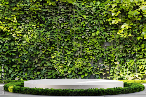 Sleek white podium set against a vibrant ivy wall