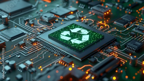 An innovative 3D render showcasing an eco-technology concept, with a recycle symbol prominently displayed on a microchip at the center of the image
