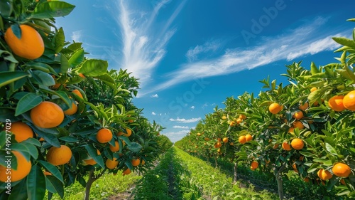 Wallpaper Mural an orange plantation brimming with ripe oranges against the backdrop of a clear blue sky and distant white clouds. Torontodigital.ca