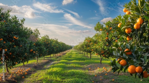 an orange plantation brimming with ripe oranges against the backdrop of a clear blue sky and distant white clouds. photo