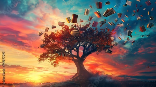 An imaginative representation of International Literacy Day featuring a tree adorned with books instead of leaves, each book symbolizing the knowledge and empowerment gained through literacy, photo