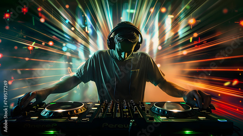  a DJ with headphones playing music in a club with laser lights behind