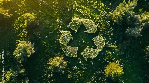 An enchanting top-down view of lush green grass serving as a backdrop, with a recycling symbol delicately cut out of kraft paper placed at the center
