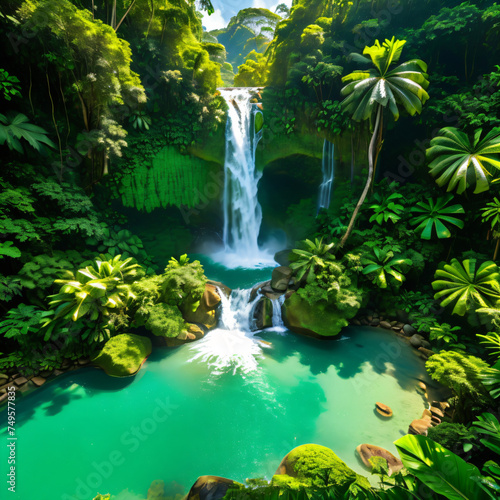 Lush green forest surrounds a cascading waterfall flowing into a clear mountain stream