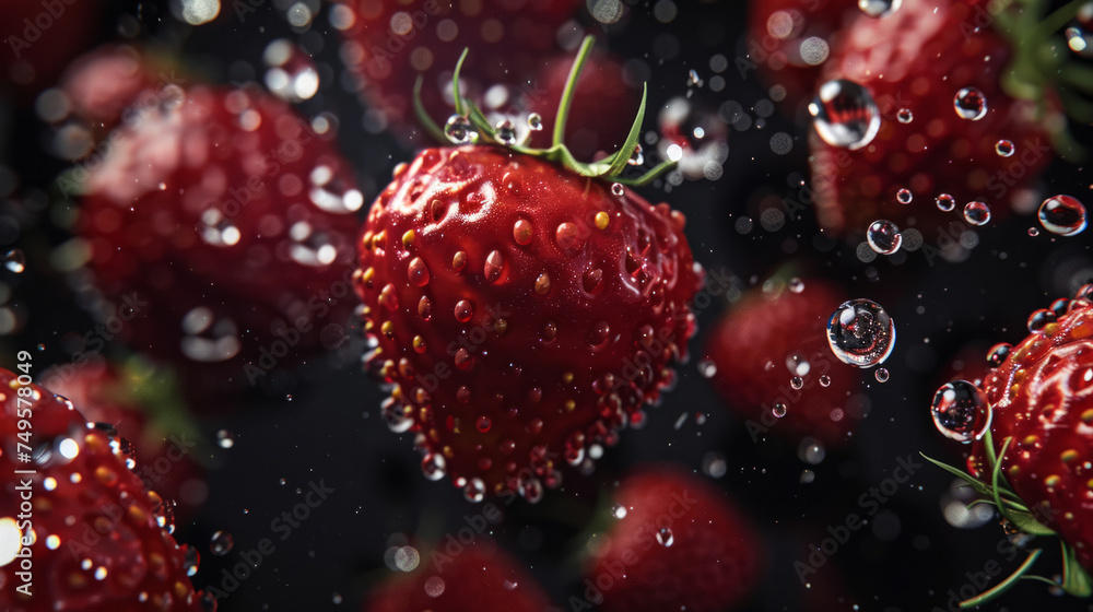 The Strawberries in the water, close up. Black background.