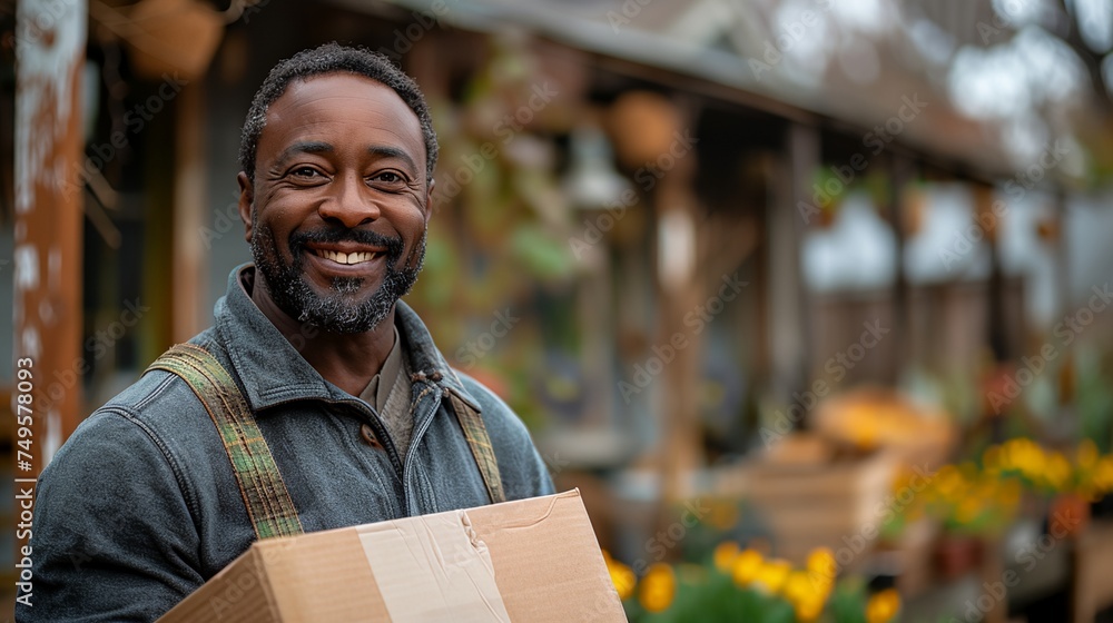 a man holding a box in front of a house smiling a man holding a box in front of a house smiling