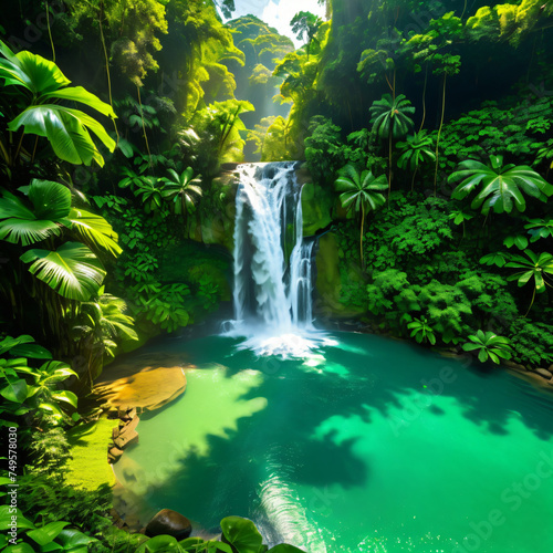 Lush green jungle landscape with a cascading waterfall