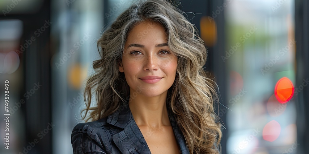 Portrait of a confident smiling Latin business woman with gray hair looking at the camera. Copy space