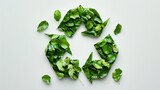 A thought-provoking photograph featuring a recycling icon creatively fashioned from fresh green leaves, set against a light background to enhance its organic appearance