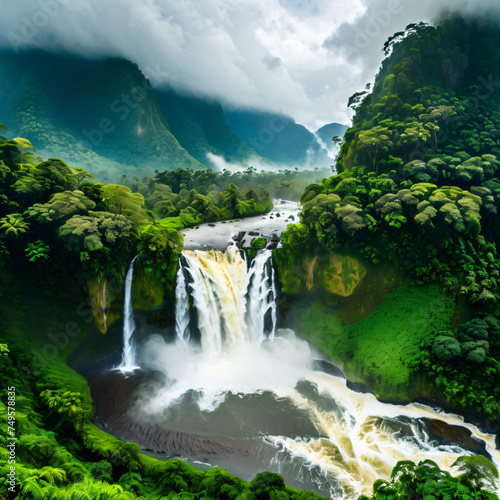 Majestic Waterfall in Mountainous Forest Landscape with a Clear Stream  Rocks  and Lush Greenery     Nature s Beauty Unveiled