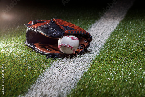 Baseball in a mitt at a low angle on a field with stripe and dramatic lighting and dark background