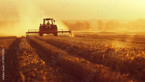 a farmer navigates his tractor across a vast field, operating a large harvesting machine to gather crops under the expansive sky. photo