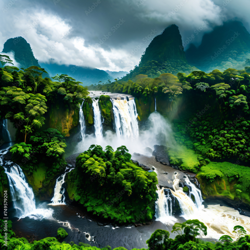 Naklejka premium Serene Krka National Park waterfall surrounded by lush greenery, flowing through the mountains, creating a picturesque cascade in the heart of Croatia's stunning landscape during a vibrant summer day