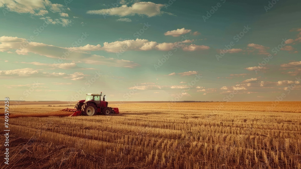 a farmer navigates his tractor across a vast field, operating a large harvesting machine to gather crops under the expansive sky. a farmer navigates his tractor across a vast field, operating a large harvesting machine to gather crops under the expansive sky.