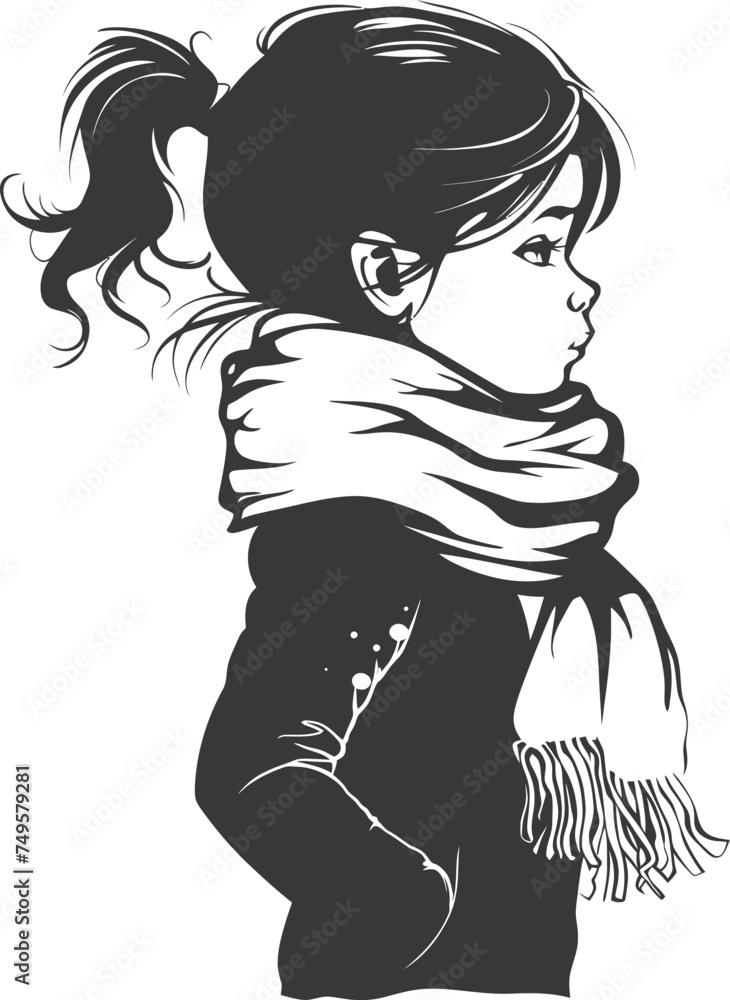 Silhouette little girl with snow scarf black color only Silhouette little girl with snow scarf black color only