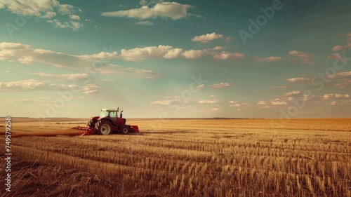 a farmer navigates his tractor across a vast field, operating a large harvesting machine to gather crops under the expansive sky.