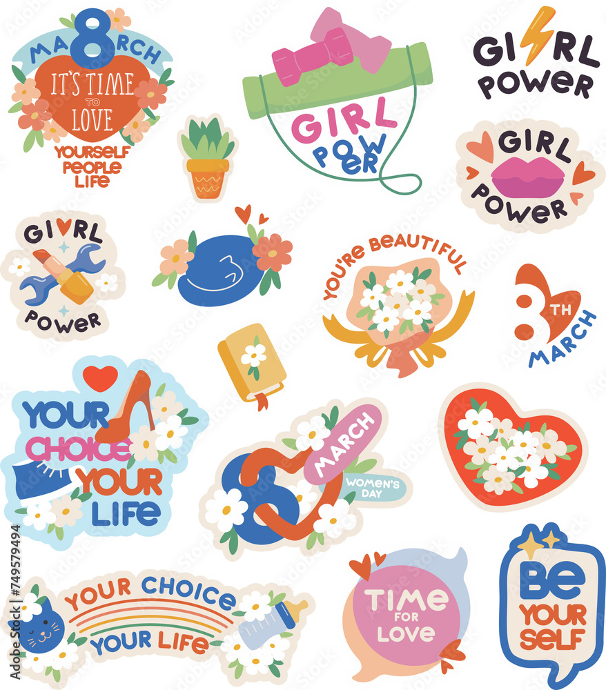 a set of stickers for inspiration on March 8, feminine strength and individuality, various hobby and activity icons.