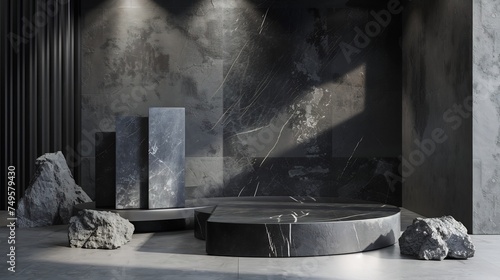 A sleek and minimalist mockup featuring a black, dark, and gray geometric stone and rock shape background, serving as a textured platform for display showcase podiums