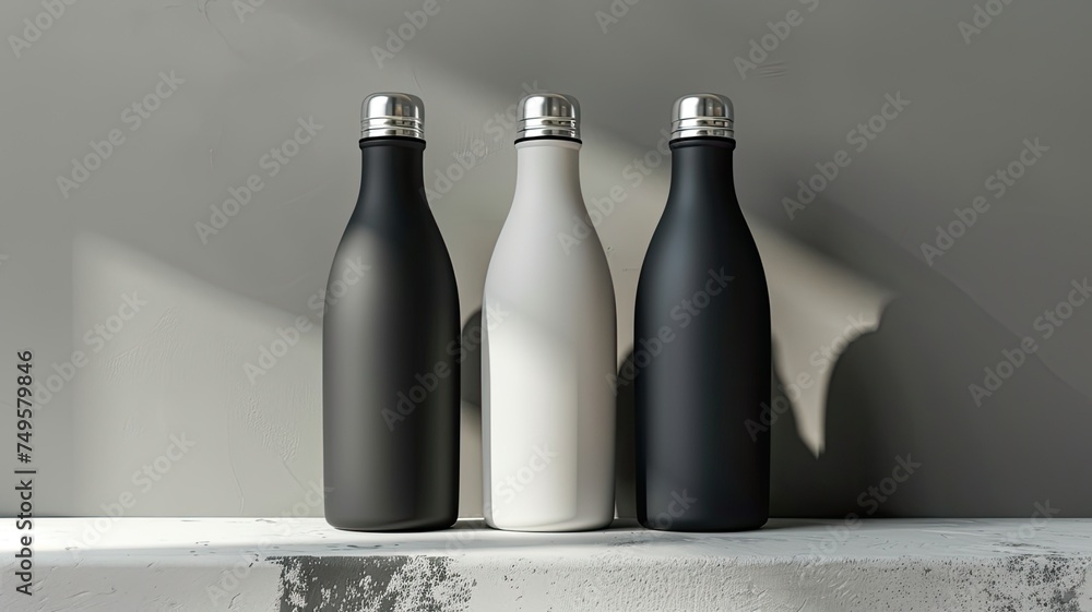 a simple mockup featuring three reusable water bottles resting on a surface. The backdrop white, black, or grey with a matte texture, complemented by metallic silver caps. a simple mockup featuring three reusable water bottles resting on a surface. The backdrop white, black, or grey with a matte texture, complemented by metallic silver caps.