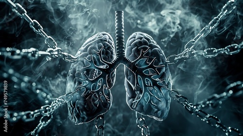 A powerful conceptual image for World No Tobacco Day, featuring a symbolic representation of lungs surrounded by chains and locks photo