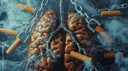 A powerful conceptual image for World No Tobacco Day, featuring a symbolic representation of lungs surrounded by chains and locks
