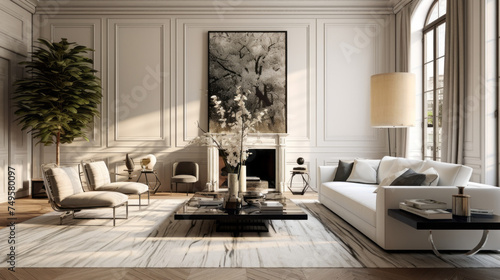 A chic living room with an augmented reality painting, a white armchair, and a patterned area rug © Textures & Patterns