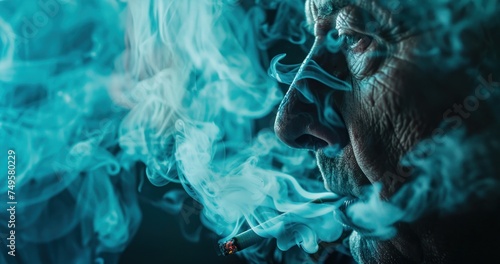 Un homme senior fumant une cigarette, fumée épaisse, image avec espace pour texte.