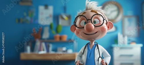Personnage cartoon d'un médecin souriant dans son cabinet médical, image avec espace pour texte.
