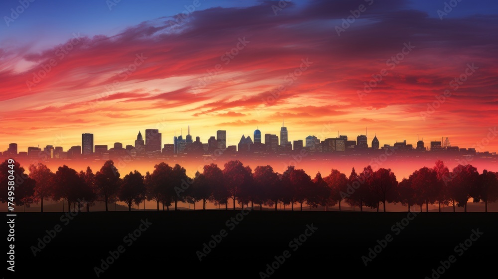 A city skyline silhouetted against a setting sun