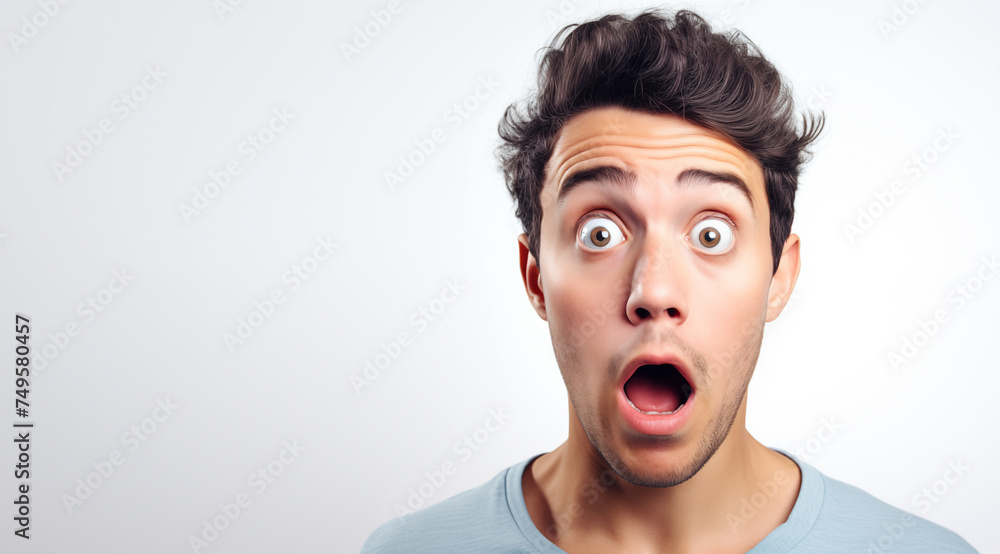 Portrait d'un homme surpris, jeune homme sur un fond blanc, image avec espace pour texte. Portrait d'un homme surpris, jeune homme sur un fond blanc, image avec espace pour texte.
