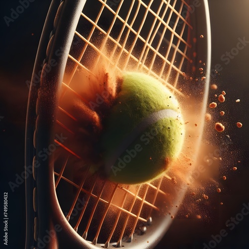 Closeup of racket hitting tennis ball