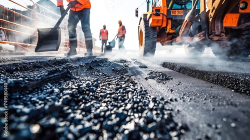 A dynamic scene at a road construction site, with a team of workers collaborating to lay hot asphalt gravel onto the road surface photo