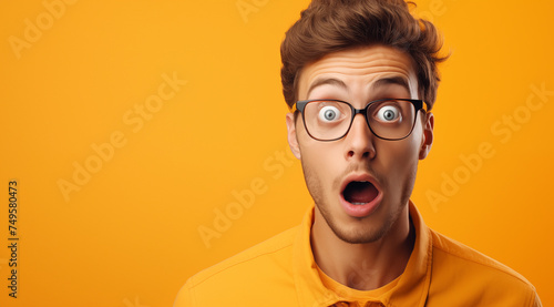 Portrait d'un homme surpris, jeune homme sur un fond orange, image avec espace pour texte. photo
