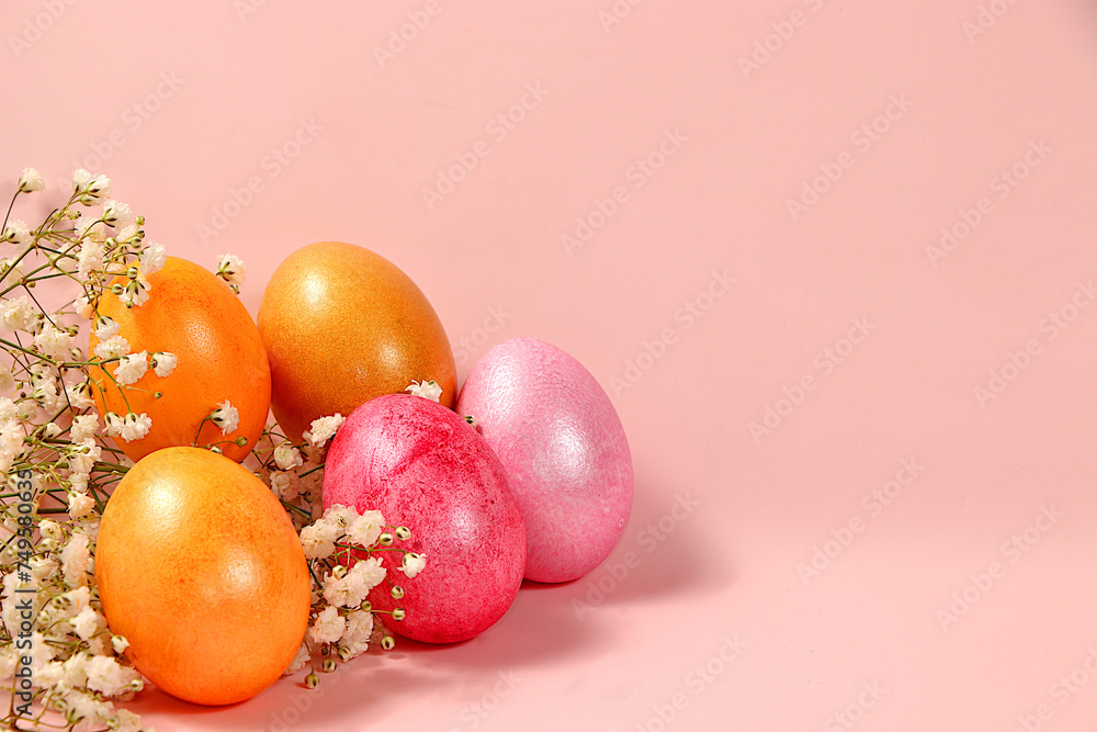 Happy Easter concept, banner for screen with place for congratulations, composition with decorated pink and gold Easter eggs and flowers, template for design. spring card, Happy Easter concept, banner for screen with place for congratulations, composition with decorated pink and gold Easter eggs and flowers, template for design. spring card,