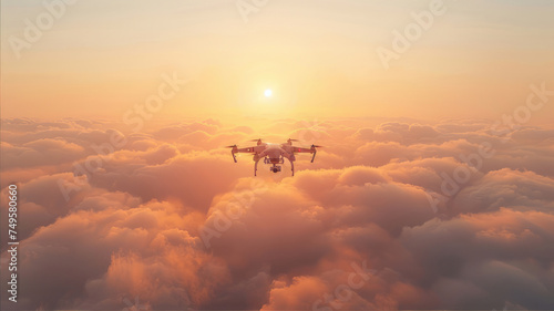 A drone navigating through the clouds during sunset