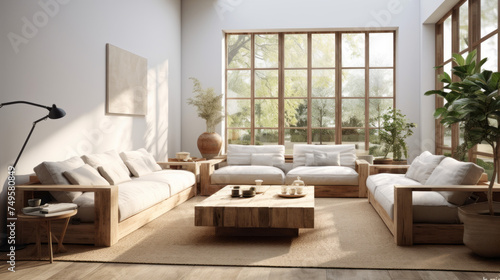 A chic living area with an earth-friendly sectional, accent chairs and coffee table crafted from reclaimed wood