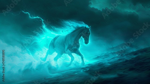Mystical horse symbolizing the power of the natural element. A hoofed animal (stallion or mare) running fast. Storm. Lightning. Illustration for cover, card, interior design, brochure or presentation.
