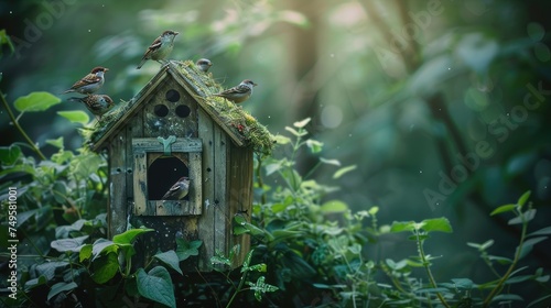 a quaint birdhouse nestled within a vibrant garden, as five wild birds flutter around, adding a touch of natural beauty and serenity to the scene.