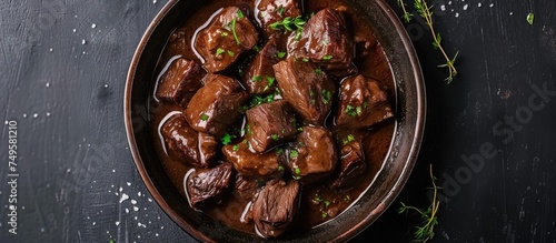A brown bowl filled with tender chunks of beef simmered in a rich, flavorful sauce, representing a traditional Belgian beef stew known as stoofvlees or carbonade flamande. photo