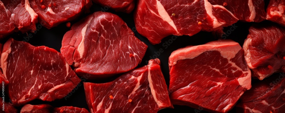 Deatil of raw meat beef steak, top view, meat texture, banner. Generative Ai. Deatil of raw meat beef steak, top view, meat texture, banner. Generative Ai.