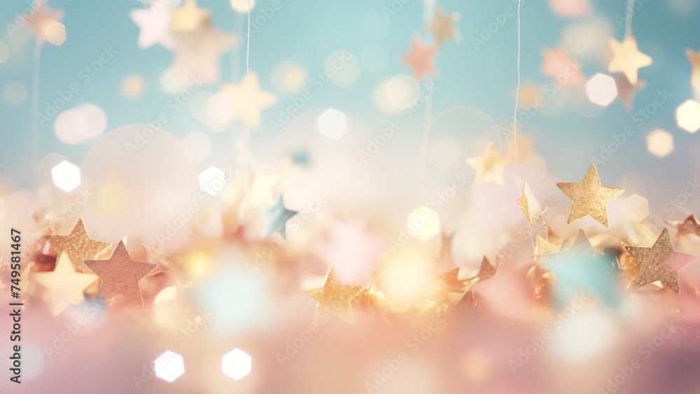 Light horizontal Abstract bokeh glitter background with small sparkling gold stars in the blue and pink colors.